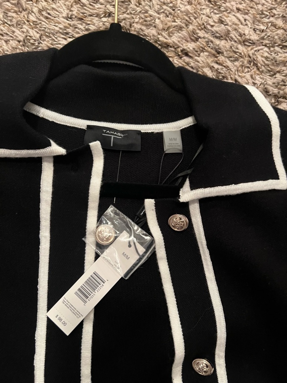 Tahari Black Cardigan with White Trim and Gold Buttons - Picture 2 of 3